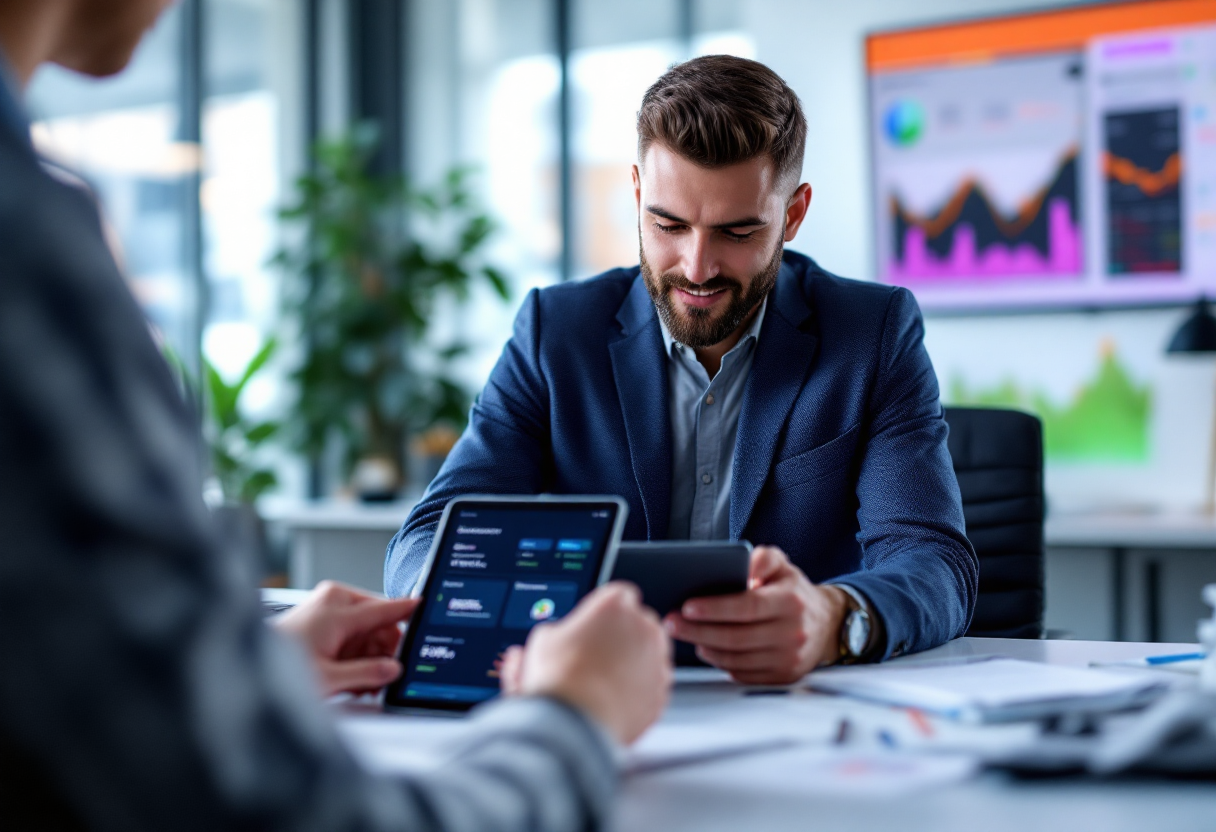 Professional financial advisors in modern office using AI-powered technology, tablets, and analytics dashboards for client meetings
